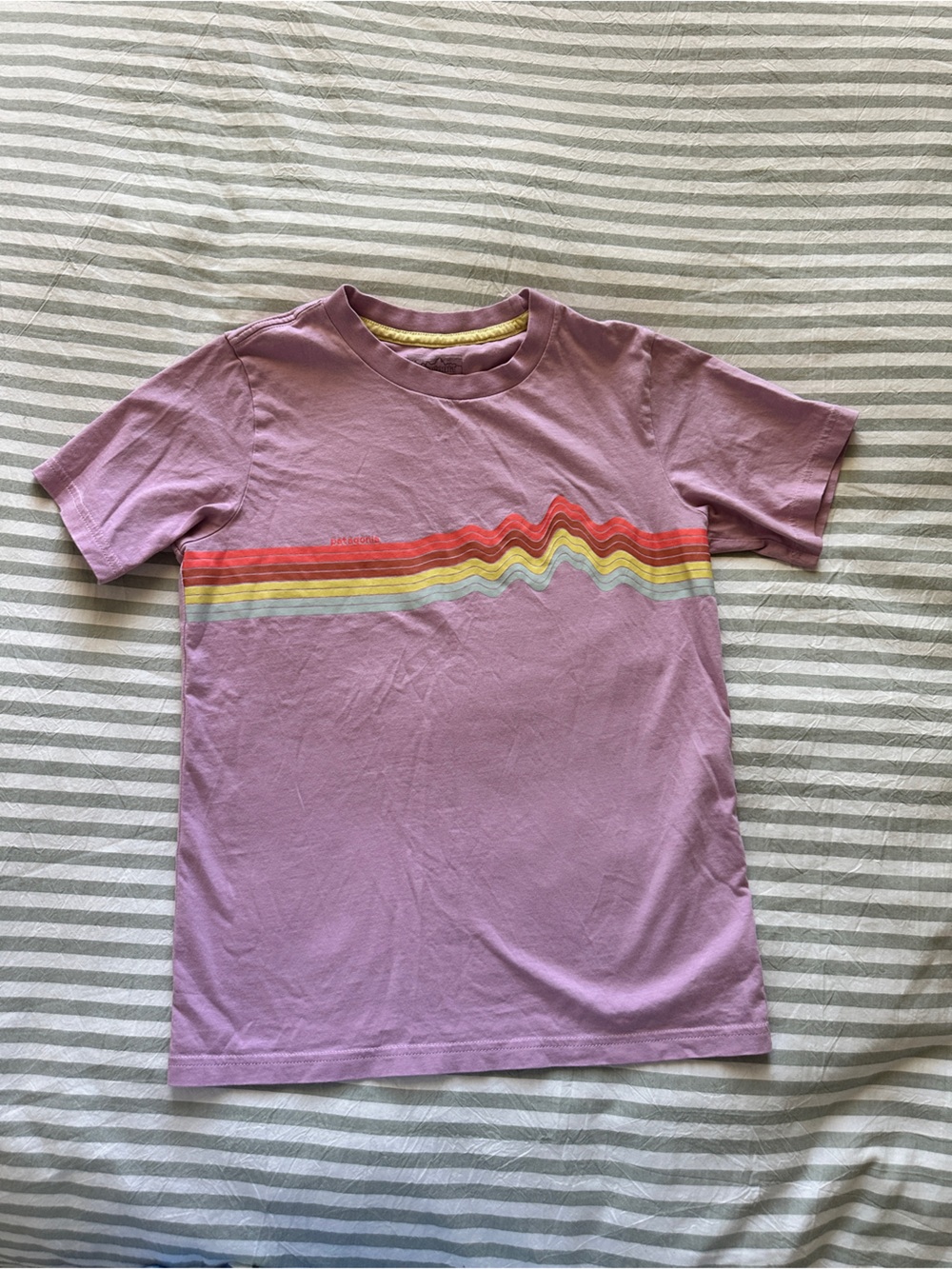 Patagonia Lavender Tee with Rainbow Chest Stripe